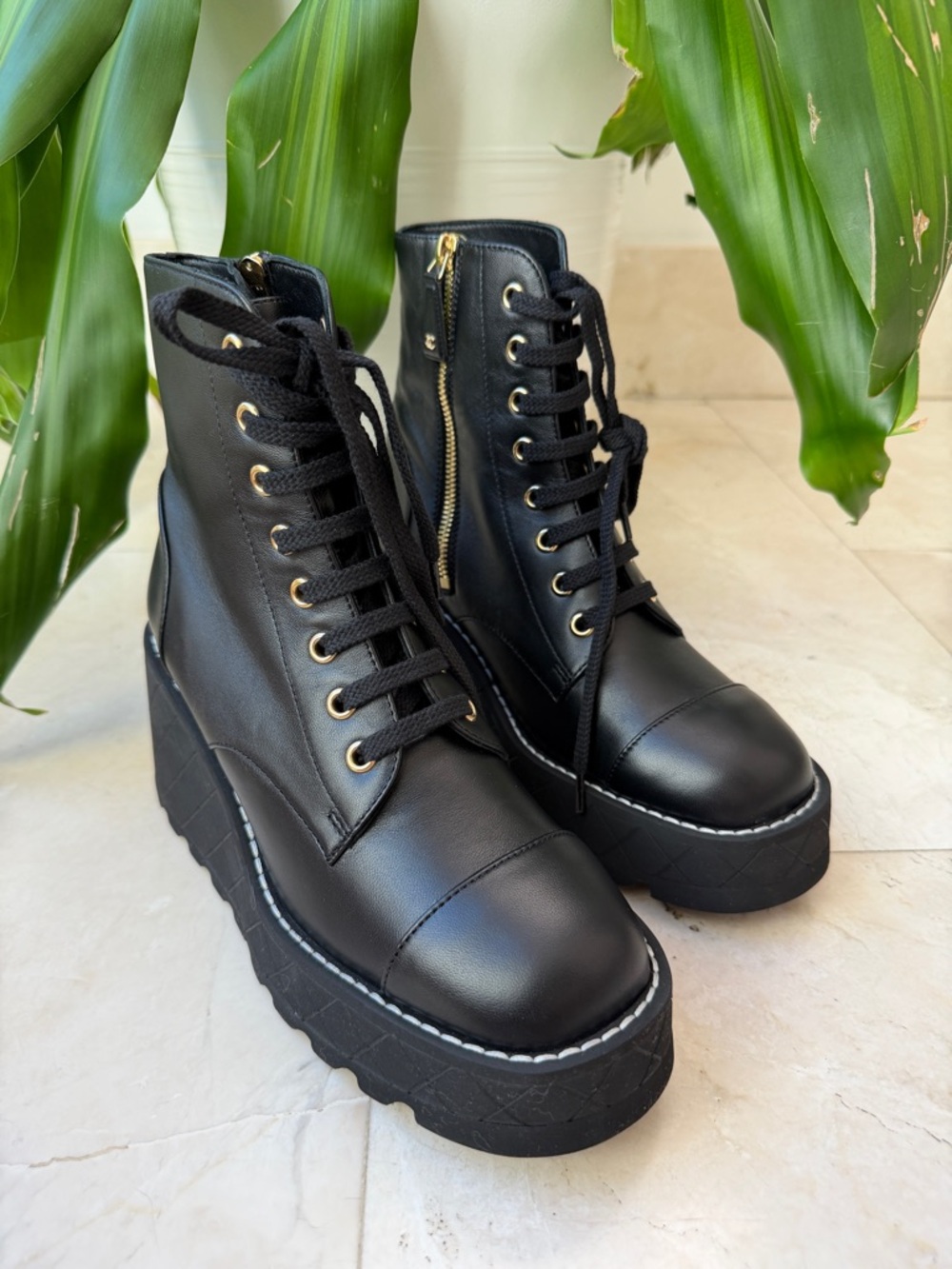 Chanel 2024 Interlocking CC Logo Combat Wedge Lambskin Lace Up Ankle Boots 36.5 - Picture 6 of 16